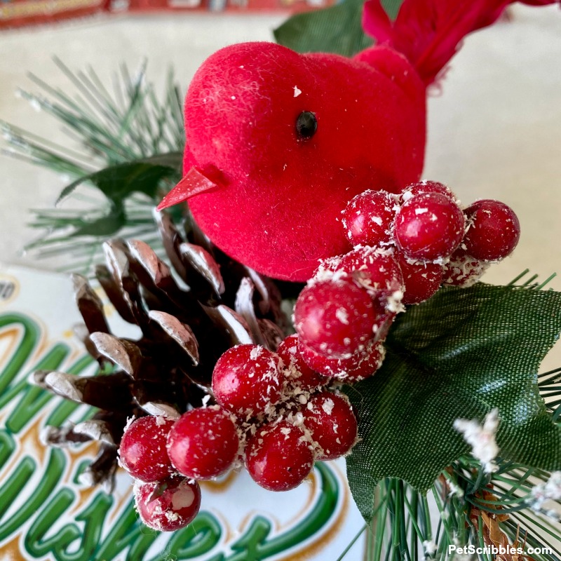 red bird with pinecone, berries, greens on clip