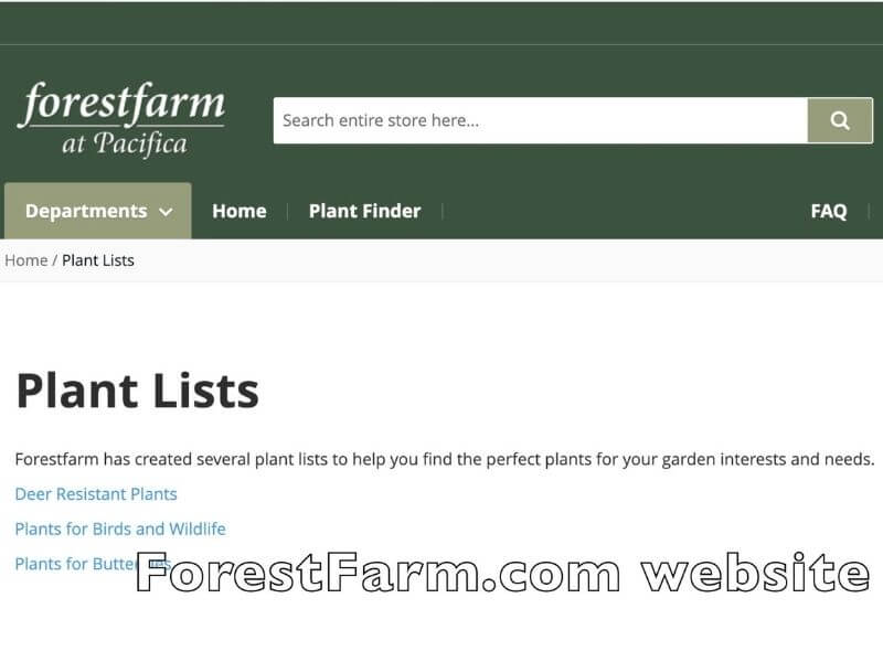 a computer screenshot of Forest Farms plant website front page