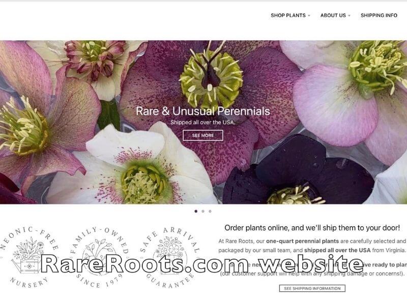a computer screenshot of Rare Roots plant website front page