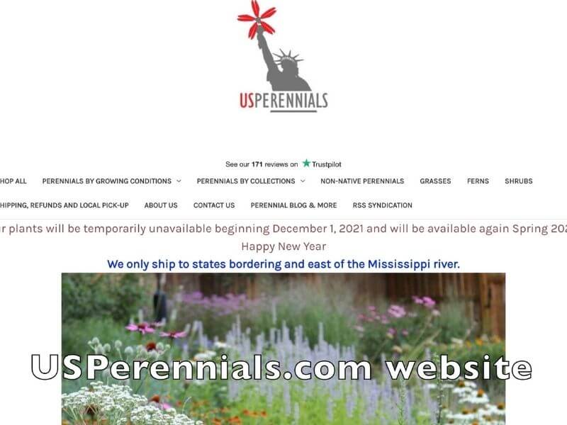 a computer screenshot of US Perennials website front page