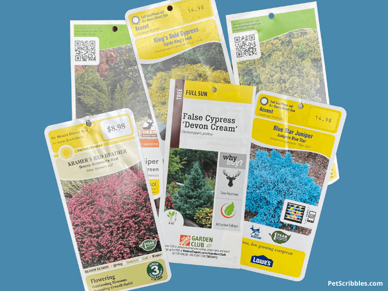 a collection of plant tags from both Lowe's and Home Depot