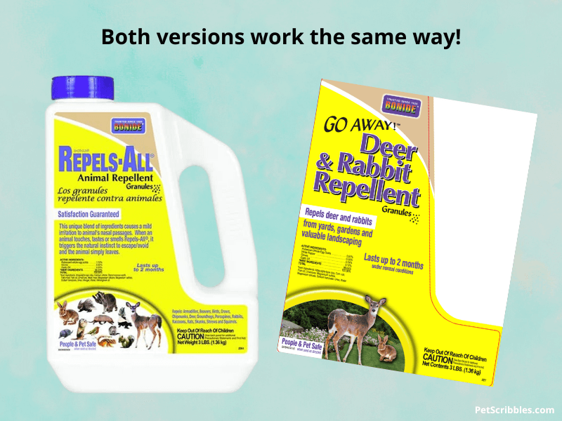 photo shows labels of two similar Repels-All products for rabbits