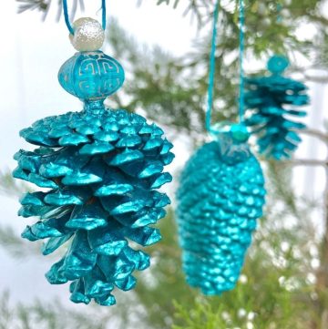 teal painted pinecone ornament with metallic sheen, hanging from evergreen branches with white background